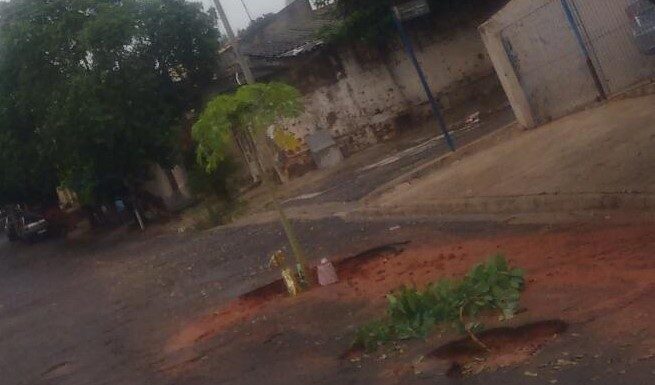 Pé de Mamão sinaliza buraco para motoristas não cairem dentro no Santa Clara