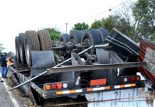 Caminhão carregado de Celulose fica com rodas para cima na SP-294, após tombar