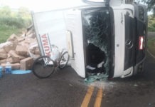 Caminhão carregado de desinfetantes tomba em vicinal