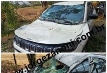 Ventos fortes derrubam Eucalipto que atinge dois veículos na Vicinal da Pousada